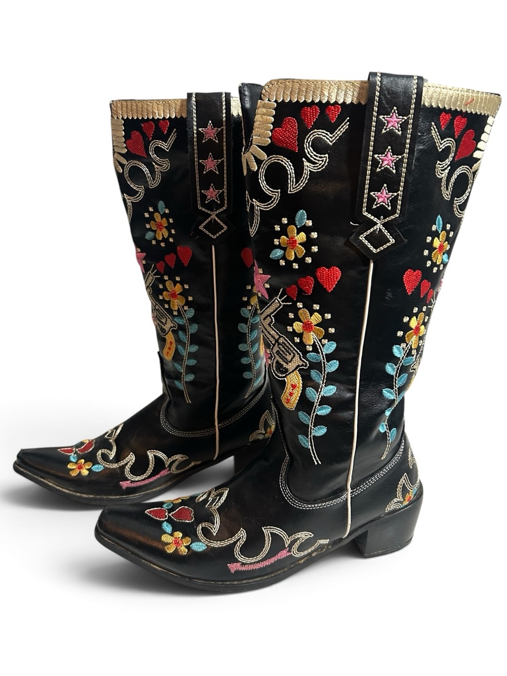 Black Embroidered Western Cowboy Boots - Floral & Heart Accent Novelty Vinyl